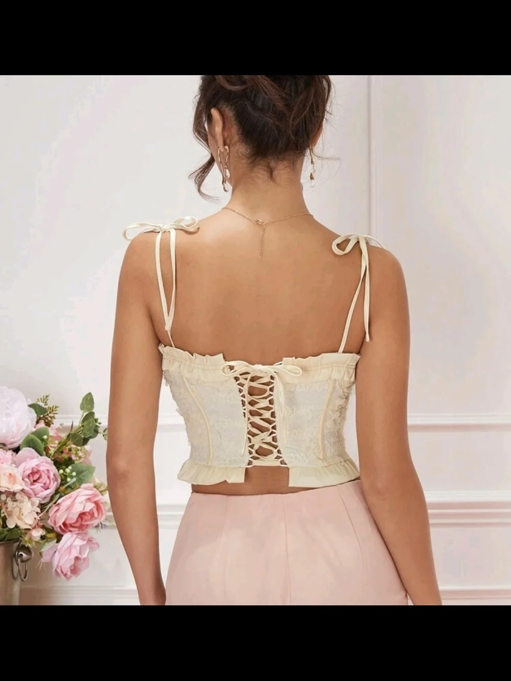 SHEIN Lace Ruffle Tie-Strap Corset Top - Cream - Picture 2 of 5